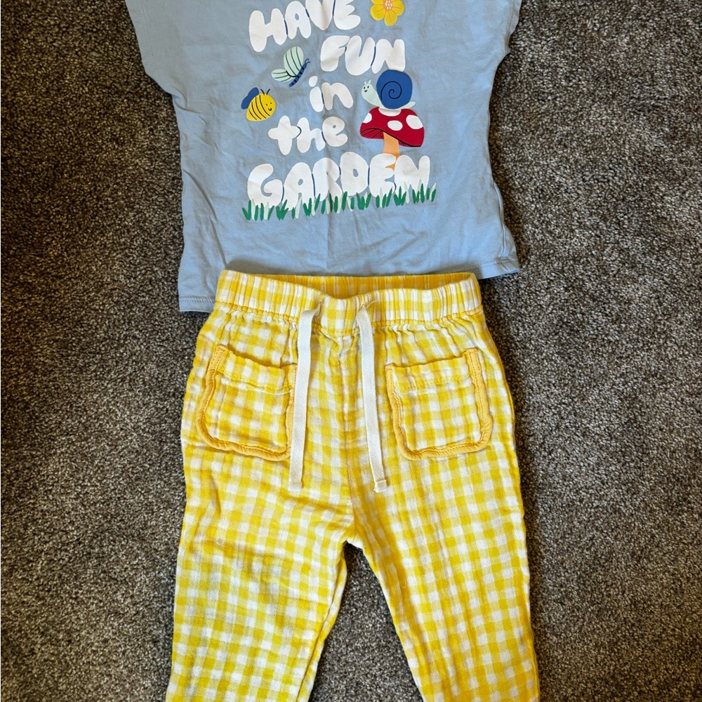 Old Navy Yellow Checkered Pants and graphic tee set